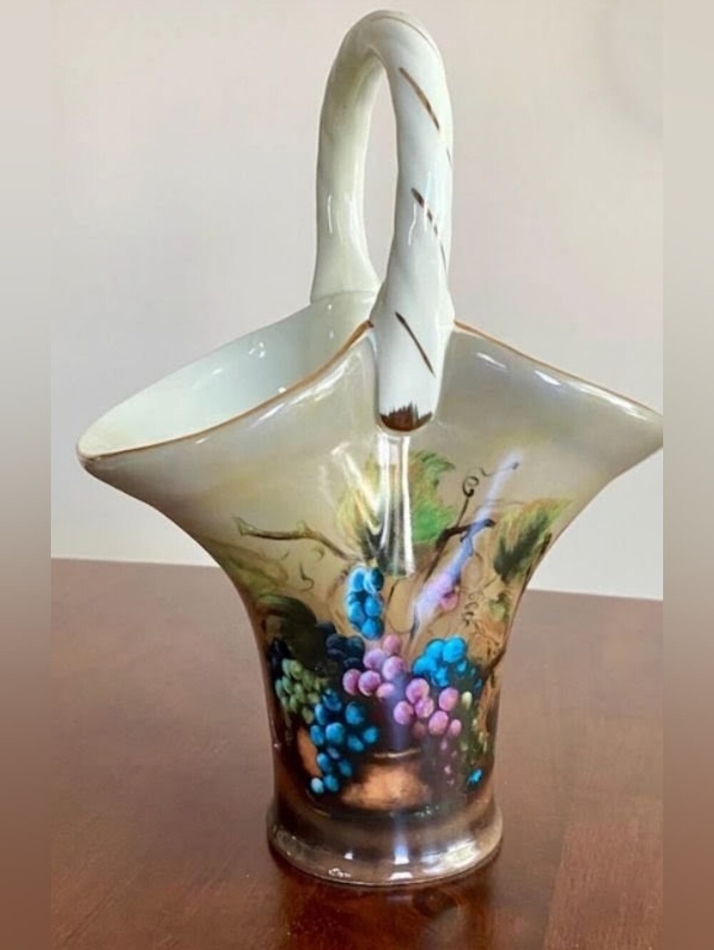 Vineyard Blessings Basket Vase by Lisa White, Vintage Hand-Painted, Porcelain